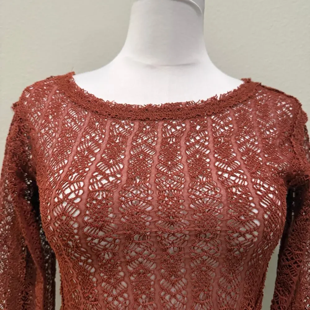 Free People Rust Orange Crochet Lace Sheer Long Sleeve Top Small Boho Festival
